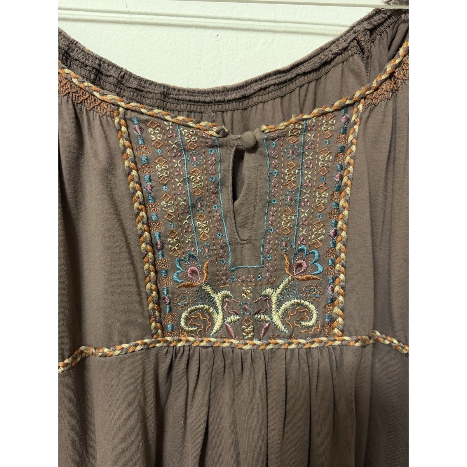 100% Cotton Brown Flutter Sleeve Embroidered Knee Length Women's Xl Boho Dress